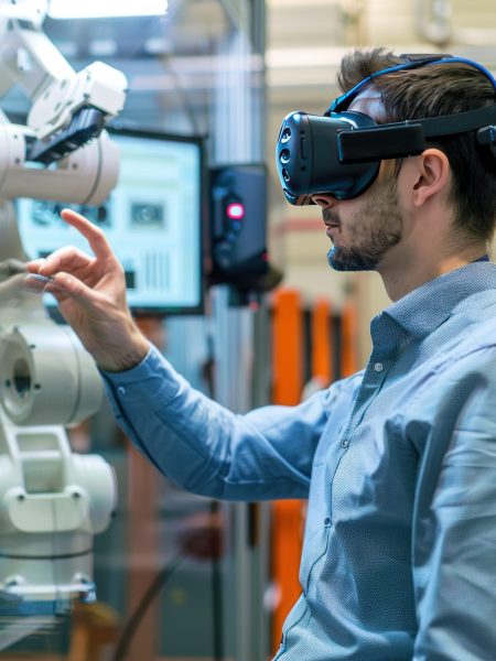 A man wearing a virtual reality headset works on a robotic assembly line.