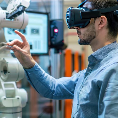 A man wearing a virtual reality headset works on a robotic assembly line.
